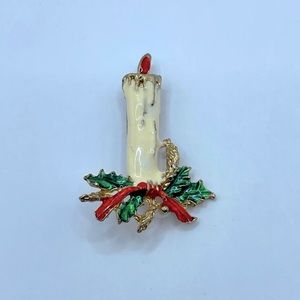 VINTAGE Enamel Christmas Candle Brooch